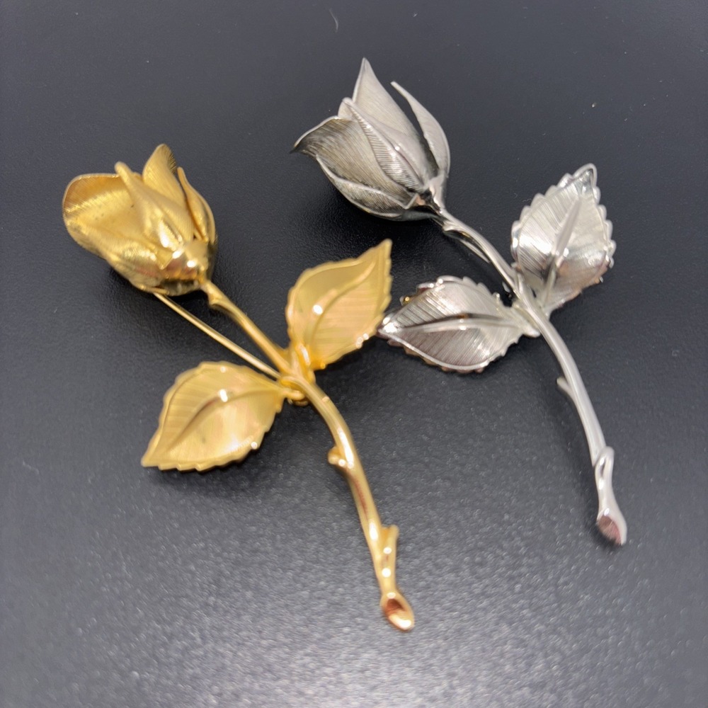2 Vintage Giovanni Brushed Gold Tone And Silver Tone Brooches Long Stem Rose 3"